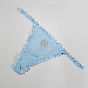Victoria's Secret Blue Lace Trim Cotton V-String Panty Snowflake Embroidery XL